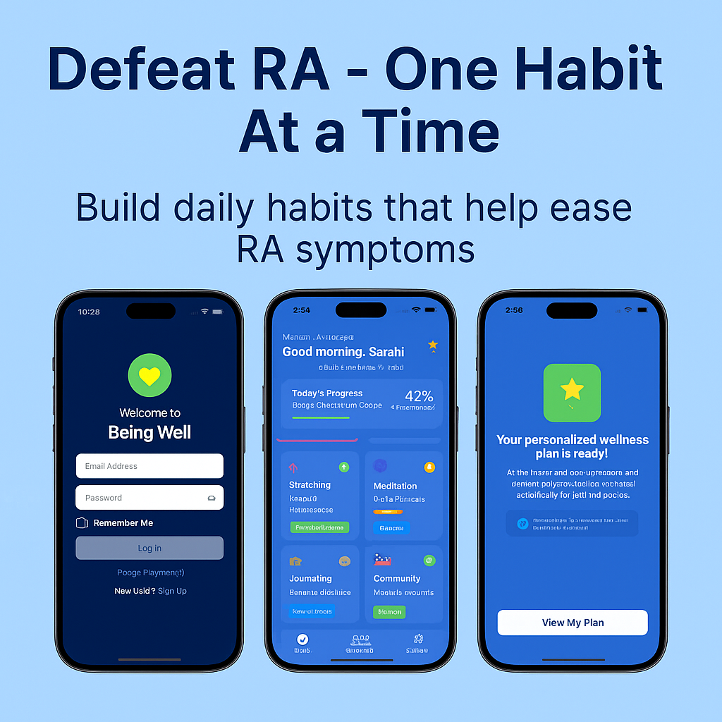 Defeat RA - one habit at a time. Build daily habits that help ease RA symptoms. Being Well App promotional graphic showing login screen, dashboard, and personalized plan ready screens.