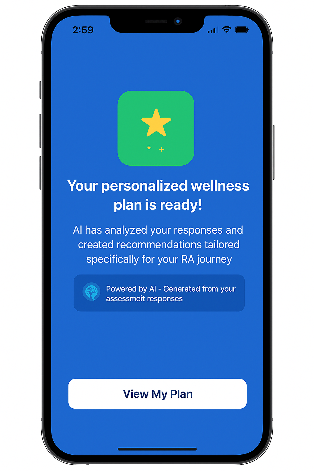 BeingWell app screen showing 'Your personalized wellness plan is ready!' with AI-powered recommendations for RA journey